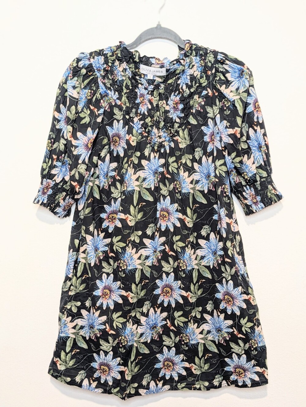 Olivia James The Label Floral Passionflower Ruffle Neck Mini Dress Size S